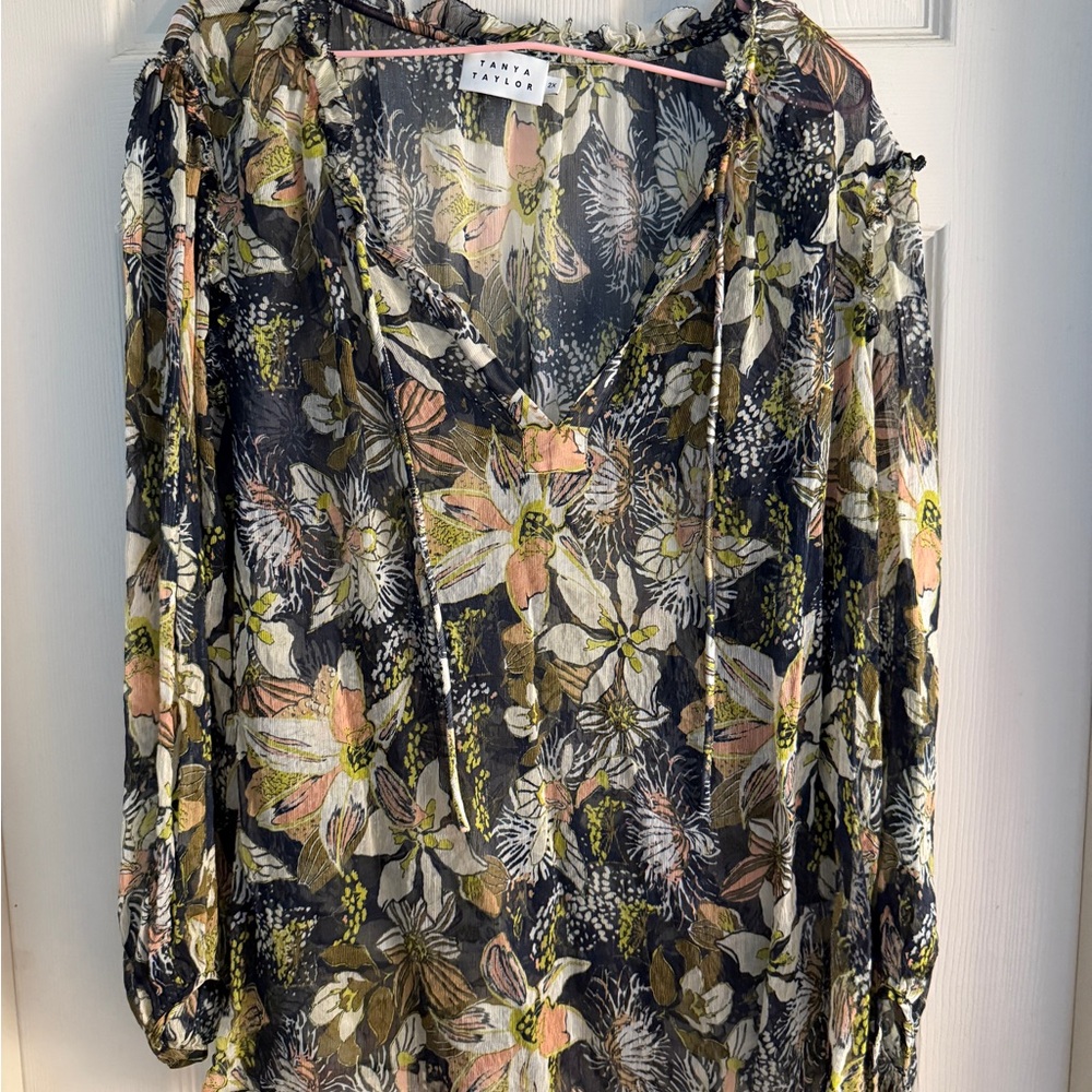 Tanya Taylor Navy Ruffled 3/4 Sleeve Blouse